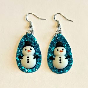 Snowman ⛄️ Christmas electric blue glitter earrings